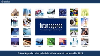 Future Agenda | aim to build a richer view of the world in 2025
Cities
Education
Learning
Transport
Collaboration
Energy
LoyaltyTravel
Company Food
Payments
Water
Connectivity
Wealth
Currency
Government
Resources
Work
Ageing
Data
Health
Trade
The world’s leading open foresight program
 