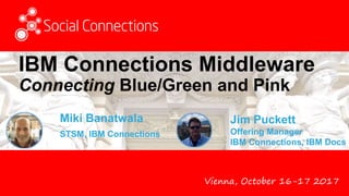 Vienna, October 16-17 2017
IBM Connections Middleware
Connecting Blue/Green and Pink
Miki Banatwala
STSM, IBM Connections
Jim Puckett
Offering Manager
IBM Connections, IBM Docs
 