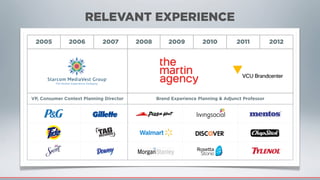 2005 2006 2007 2008 2009 2010 2011 2012
VP, Consumer Context Planning DirectorVP, Consumer Context Planning DirectorVP, Consumer Context Planning Director Brand Experience Planning & Adjunct ProfessorBrand Experience Planning & Adjunct ProfessorBrand Experience Planning & Adjunct ProfessorBrand Experience Planning & Adjunct ProfessorBrand Experience Planning & Adjunct Professor
RELEVANT EXPERIENCE
 