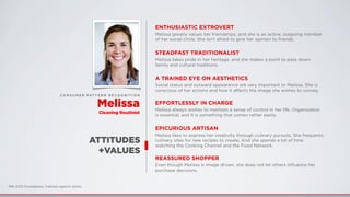 ATTITUDES
+VALUES
ENTHUSIASTIC EXTROVERT
Melissa greatly values her friendships, and she is an active, outgoing member
of her social circle. She isn’t afraid to give her opinion to friends.
STEADFAST TRADITIONALIST
Melissa takes pride in her heritage, and she makes a point to pass down
family and cultural traditions.
A TRAINED EYE ON AESTHETICS
Social status and outward appearance are very important to Melissa. She is
conscious of her actions and how it aﬀects the image she wishes to convey.
EFFORTLESSLY IN CHARGE
Melissa always wishes to maintain a sense of control in her life. Organization
is essential, and it is something that comes rather easily.
EPICURIOUS ARTISAN
Melissa likes to express her creativity through culinary pursuits. She frequents
culinary sites for new recipes to create. And she spends a lot of time
watching the Cooking Channel and the Food Network.
REASSURED SHOPPER
Even though Melissa is image driven, she does not let others inﬂuence her
purchase decisions.
C O N S U M E R PAT T E R N R E C O G N I T I O N
Melissa
Cleaning Routinist
MRI 2012 Doublebase, Indexed against adults
 