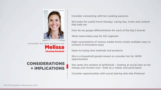 CONSIDERATIONS
+ IMPLICATIONS
Consider connecting with her cooking passions
She looks for useful home therapy: caring tips, tricks and content
that help her
How do we gauge diﬀerentiation for each of the big 3 brands
What need states pop for this segment
High consumption of various media forms create multiple ways to
connect in innovative ways
Open to trying new methods and products
She is a household goods maven so consider her for WOM
opportunities
She seeks the wisdom of girlfriends – looking at social sites as her
ratings and reviews tool - both as a viewer and participant
Consider opportunities with social sharing sites like Pinterest
C O N S U M E R PAT T E R N R E C O G N I T I O N
Melissa
Cleaning Routinist
MRI 2012 Doublebase, Indexed against adults
 