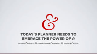 TODAY’S PLANNER NEEDS TO
EMBRACE THE POWER OF &
BRAND & BUSINESS & CONNECTIONS & ANALYTICS & DIGITAL & SOCIAL
&
 