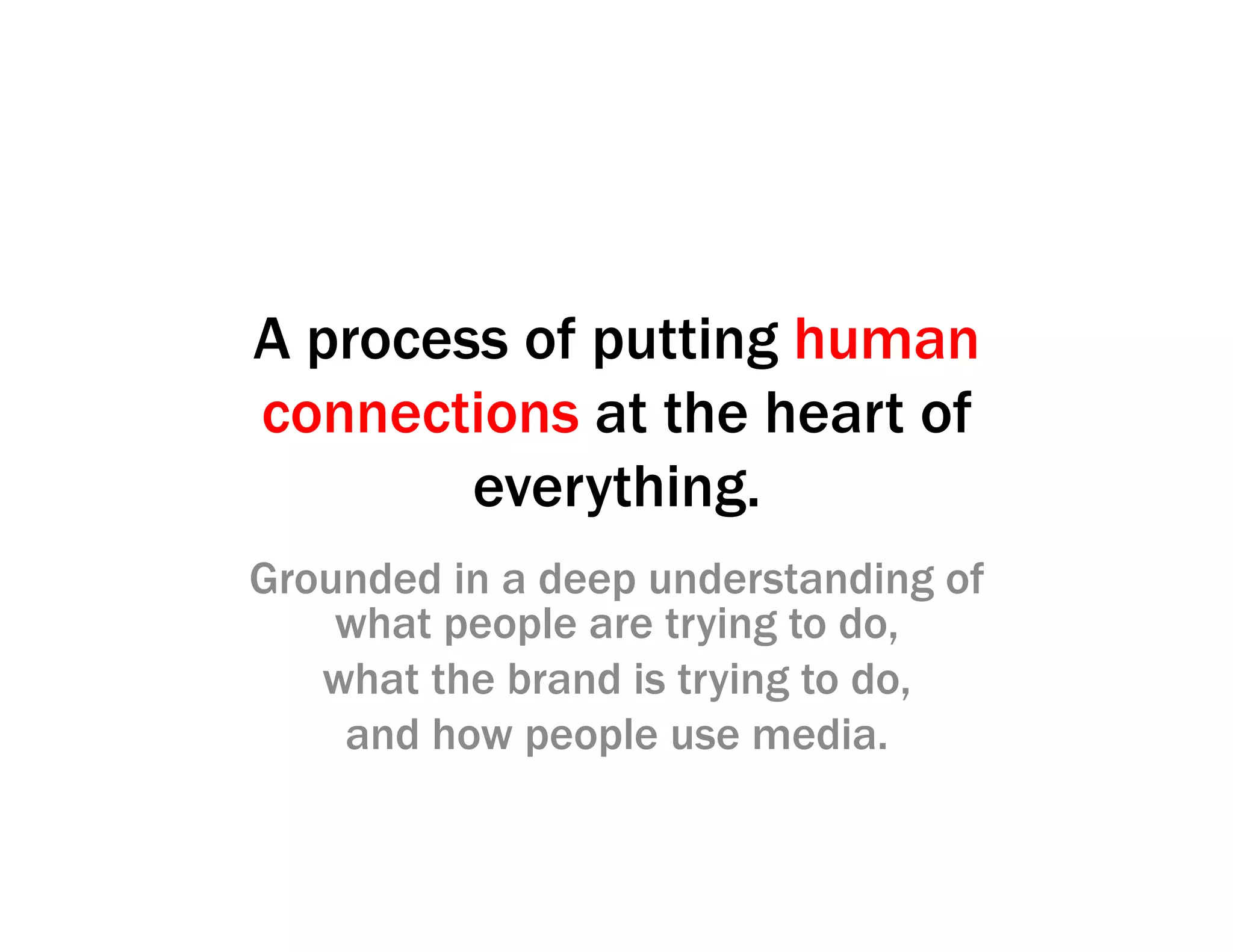 A process of putting human
connections at the heart of
everything.
Grounded in a deep understanding of
what people are trying to do,
what the brand is trying to do,
and how people use media.
 