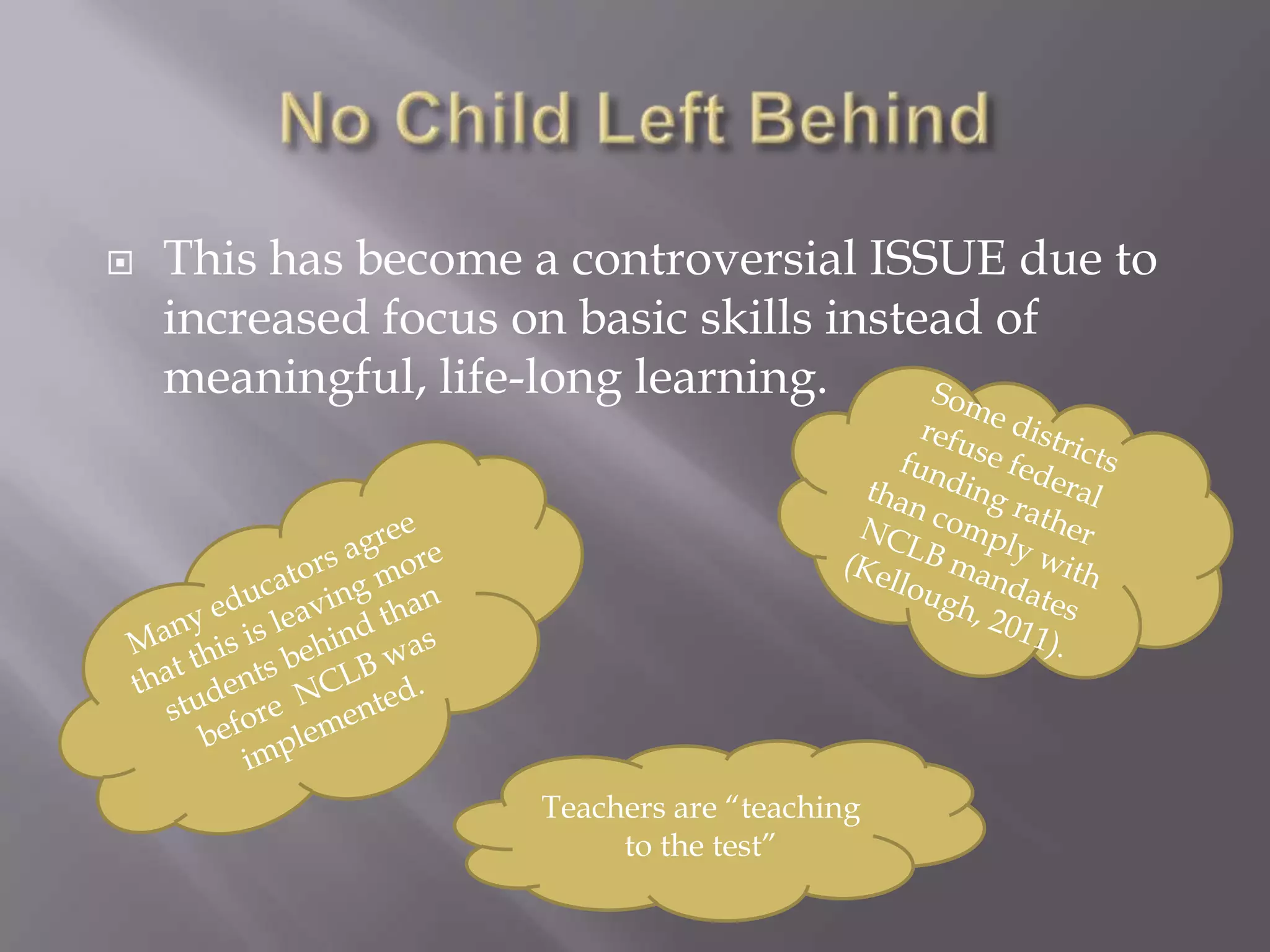    This has become a controversial ISSUE due to
    increased focus on basic skills instead of
    meaningful, life-long learning.




                    Teachers are “teaching
                         to the test”
 