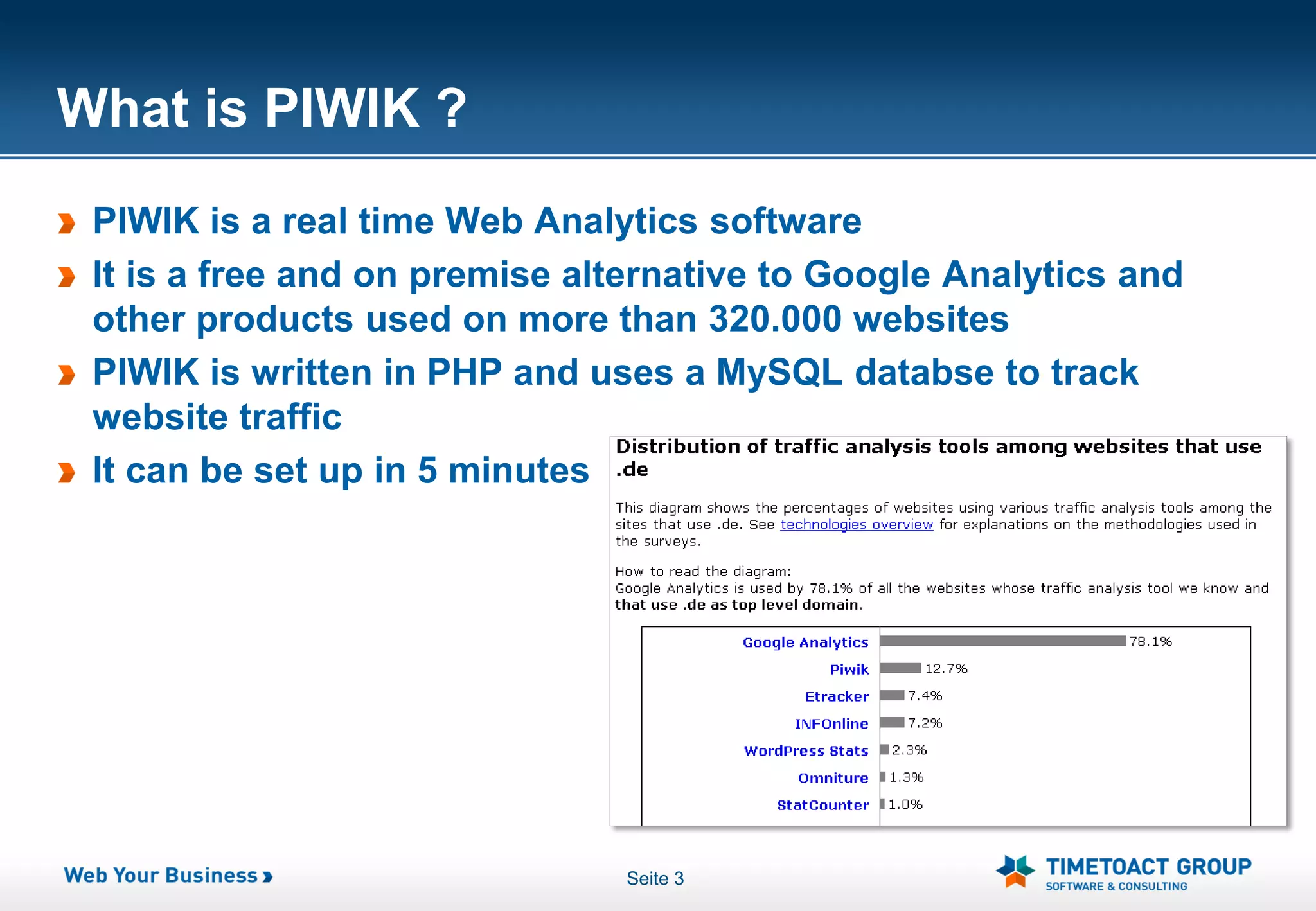 What is PIWIK ?
 PIWIK is a real time Web Analytics software
 It is a free and on premise alternative to Google Analytics and
 other products used on more than 320.000 websites
 PIWIK is written in PHP and uses a MySQL databse to track
 website traffic
 It can be set up in 5 minutes




                               Seite 3
 
