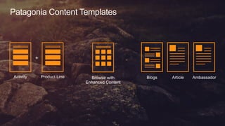 10
© 2019 Lyons Consulting Group, a Capgemini Company
Patagonia Content Templates
Product LineActivity Browse with
Enhanced Content
Blogs AmbassadorArticle
+
 