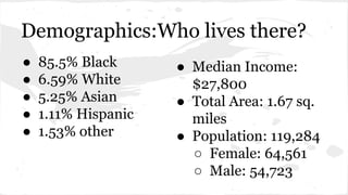 Demographics:Who lives there? 
● 85.5% Black 
● 6.59% White 
● 5.25% Asian 
● 1.11% Hispanic 
● 1.53% other 
● Median Income: 
$27,800 
● Total Area: 1.67 sq. 
miles 
● Population: 119,284 
○ Female: 64,561 
○ Male: 54,723 
 