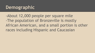 Demographic 
-About 12,000 people per square mile 
-The population of Bronzeville is mostly 
African American, and a small portion is other 
races including Hispanic and Caucasian 
 