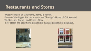 Restaurants and Stores 
-Mostly consists of landmarks, parks, & homes. 
-Some of the bigger hit restaurants are Chicago’s Home of Chicken and 
Waffles, Ms. Biscuit, and Pearl’s Place. 
-Few stores are specific to Bronzeville such as Bronzeville Boutique. 
 