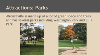 Attractions: Parks 
-Bronzeville is made up of a lot of green space and trees 
and has several parks including Washington Park and Ellis 
Park. 
 