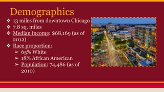 Demographics 
❖ 13 miles from downtown Chicago 
❖ 7.8 sq. miles 
❖ Median income: $68,169 (as of 
2012) 
❖ Race proportion: 
➢ 65% White 
➢ 18% African American 
➢ Population: 74,486 (as of 
2010) 
 