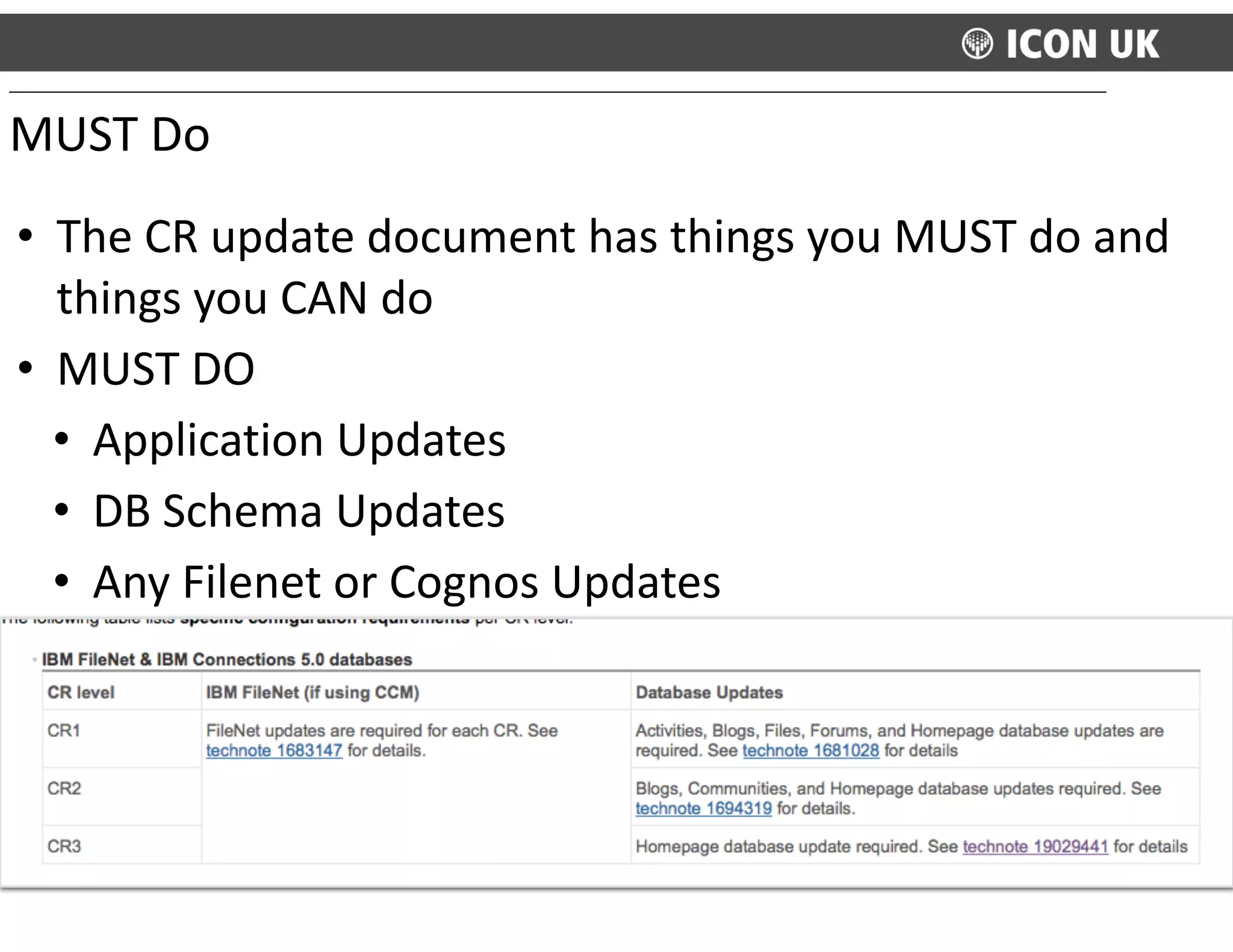 • The	
  CR	
  update	
  document	
  has	
  things	
  you	
  MUST	
  do	
  and	
  
things	
  you	
  CAN	
  do	
  
• MUST	
  DO	
  
• Application	
  Updates	
  
• DB	
  Schema	
  Updates	
  
• Any	
  Filenet	
  or	
  Cognos	
  Updates
MUST	
  Do
 