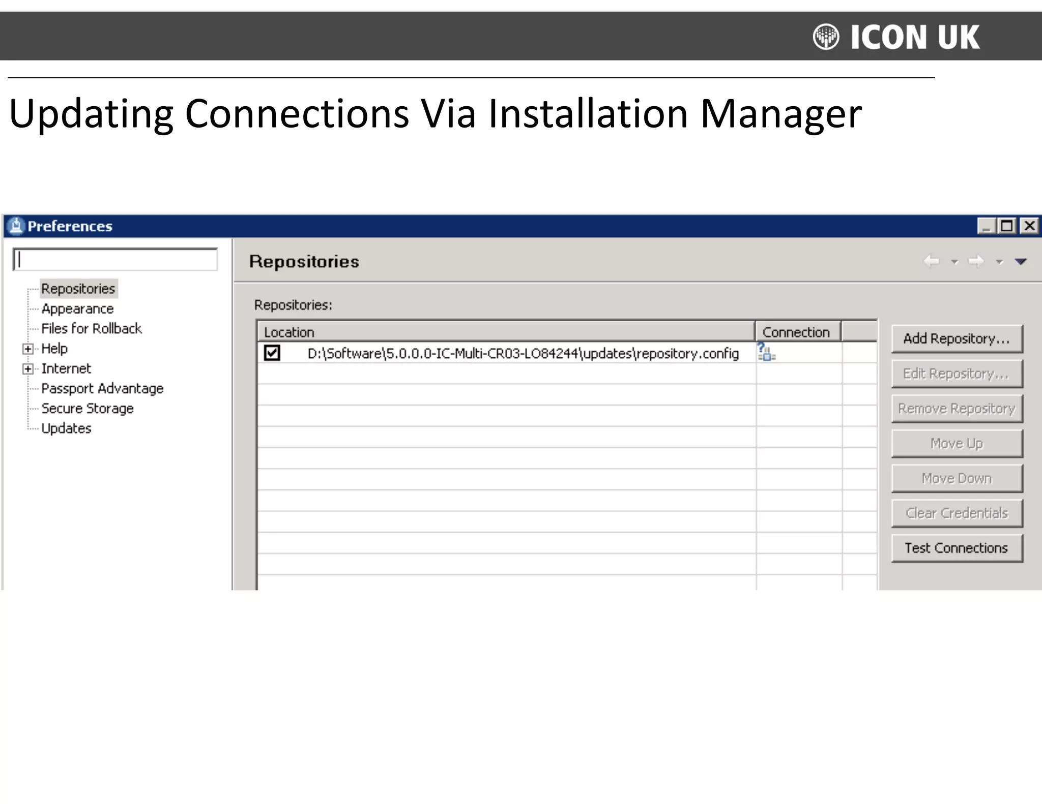 Updating	
  Connections	
  Via	
  Installation	
  Manager
 