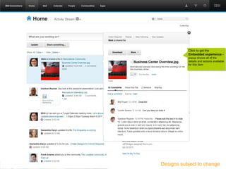 Click to get the
                Embedded experience -
                popup shows all of the
                details and actions available
                for this item




    © 2011 IBM Corporation         13

Designs subject to change
 