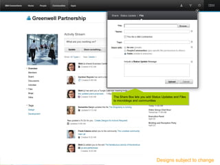 The Share Box lets you add Status Updates and Files
to microblogs and communities




                                     © 2011 IBM Corporation   15

                              Designs subject to change
 