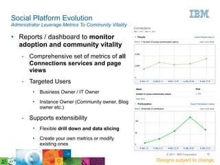 Social Platform Evolution
Administrator Leverage Metrics To Community Vitality

●   Reports / dashboard to monitor
    adoption and community vitality
    ­ Comprehensive set of metrics of all
      Connections services and page
      views
    ­ Targeted Users
         •   Business Owner / IT Owner
         •   Instance Owner (Community owner, Blog
             owner etc.)

    ­ Supports extensibility
         •   Flexible drill down and data slicing
         •   Create your own metrics or modify
             existing ones

                                                           © 2011 IBM Corporation   16

                                                       Designs subject to change
 