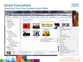 Social Everywhere
Share Any File in the Context of your Work




                                    Right Click any
                                    File and Share!




                                                          © 2011 IBM Corporation   22

                                                      Designs subject to change
 