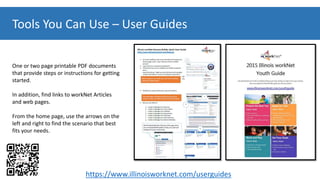 Tools You Can Use – User Guides
One or two page printable PDF documents
that provide steps or instructions for getting
started.
In addition, find links to workNet Articles
and web pages.
From the home page, use the arrows on the
left and right to find the scenario that best
fits your needs.
https://www.illinoisworknet.com/userguides
 