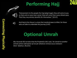 Performing Hajj
ConnectingPhysically
“And proclaim to the people the Hajj [pilgrimage]; they will come to you
on foot and on every lean camel; they will come from every distant pass.
That they may witness benefits for themselves.” [22:27]
And Hajj to the House is a duty that mankind owes to Allah, for those
who are able to undertake the journey [3:97]
Optional Umrah
Abu Hurairah (R) narrates that the Prophet(S.A.W.) said, ‘An Umrah to another
Umrah will be redemption of sins for whatever (minor) occurs between
them.’ (Bukhari, Muslim)
 
