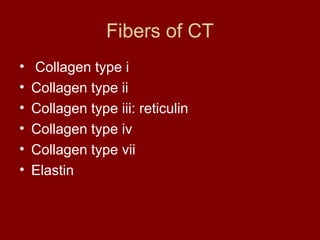Fibers of CT
• Collagen type i
• Collagen type ii
• Collagen type iii: reticulin
• Collagen type iv
• Collagen type vii
• Elastin
 