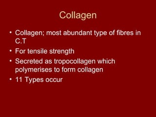 Collagen
• Collagen; most abundant type of fibres in
C.T
• For tensile strength
• Secreted as tropocollagen which
polymerises to form collagen
• 11 Types occur
 