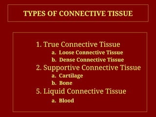 TYPES OF CONNECTIVE TISSUE
1. True Connective Tissue
a. Loose Connective Tissue
b. Dense Connective Tissue
2. Supportive Connective Tissue
a. Cartilage
b. Bone
5. Liquid Connective Tissue
a. Blood
 