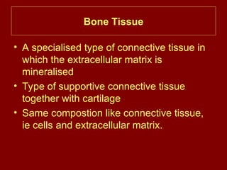 Bone Tissue
• A specialised type of connective tissue in
which the extracellular matrix is
mineralised
• Type of supportive connective tissue
together with cartilage
• Same compostion like connective tissue,
ie cells and extracellular matrix.
 