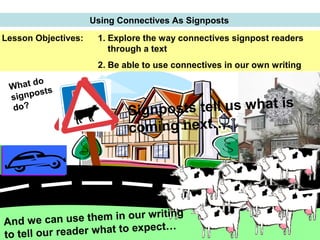 Using Connectives As Signposts
Ice!
Lesson Objectives: 1. Explore the way connectives signpost readers
through a text
2. Be able to use connectives in our own writing
What do
signposts
do?
Signposts tell us what is
coming next….
And we can use them in our writing
to tell our reader what to expect…
 