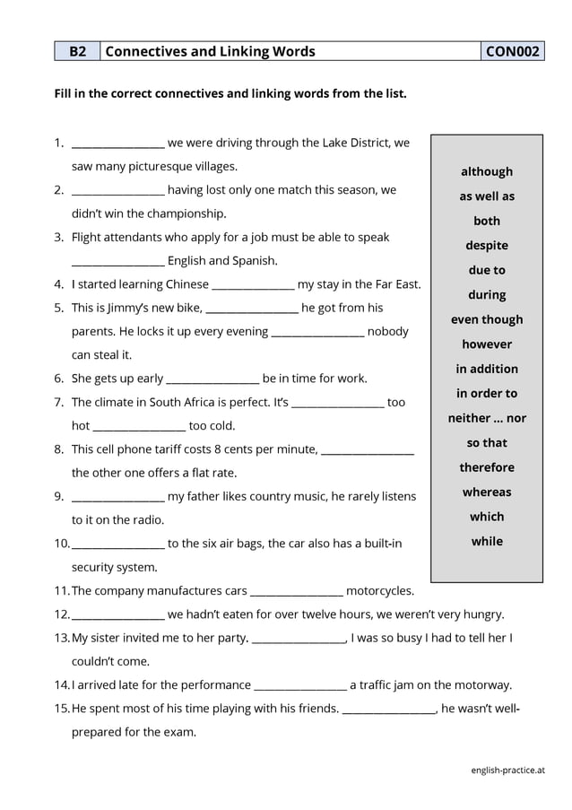 Connectives and linking words pdf worksheet b2 con002 PDF