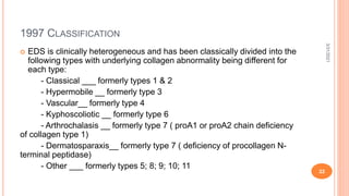 1997 CLASSIFICATION
 EDS is clinically heterogeneous and has been classically divided into the
following types with underlying collagen abnormality being different for
each type:
- Classical ___ formerly types 1 & 2
- Hypermobile __ formerly type 3
- Vascular__ formerly type 4
- Kyphoscoliotic __ formerly type 6
- Arthrochalasis __ formerly type 7 ( proA1 or proA2 chain deficiency
of collagen type 1)
- Dermatosparaxis__ formerly type 7 ( deficiency of procollagen N-
terminal peptidase)
- Other ___ formerly types 5; 8; 9; 10; 11
3/31/2021
22
 