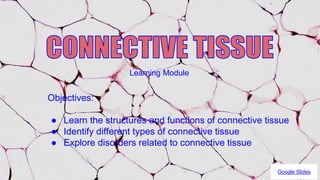 Learning Module
Objectives:
● Learn the structures and functions of connective tissue
● Identify different types of connective tissue
● Explore disorders related to connective tissue
Google Slides
 