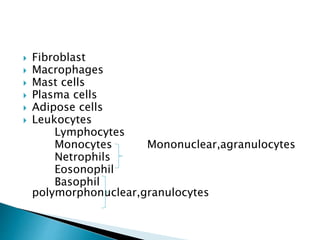  Fibroblast
 Macrophages
 Mast cells
 Plasma cells
 Adipose cells
 Leukocytes
Lymphocytes
Monocytes Mononuclear,agranulocytes
Netrophils
Eosonophil
Basophil
polymorphonuclear,granulocytes
 