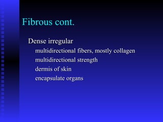 Fibrous cont.
Dense irregularDense irregular
multidirectional fibers, mostly collagenmultidirectional fibers, mostly collagen
multidirectional strengthmultidirectional strength
dermis of skindermis of skin
encapsulate organsencapsulate organs
 