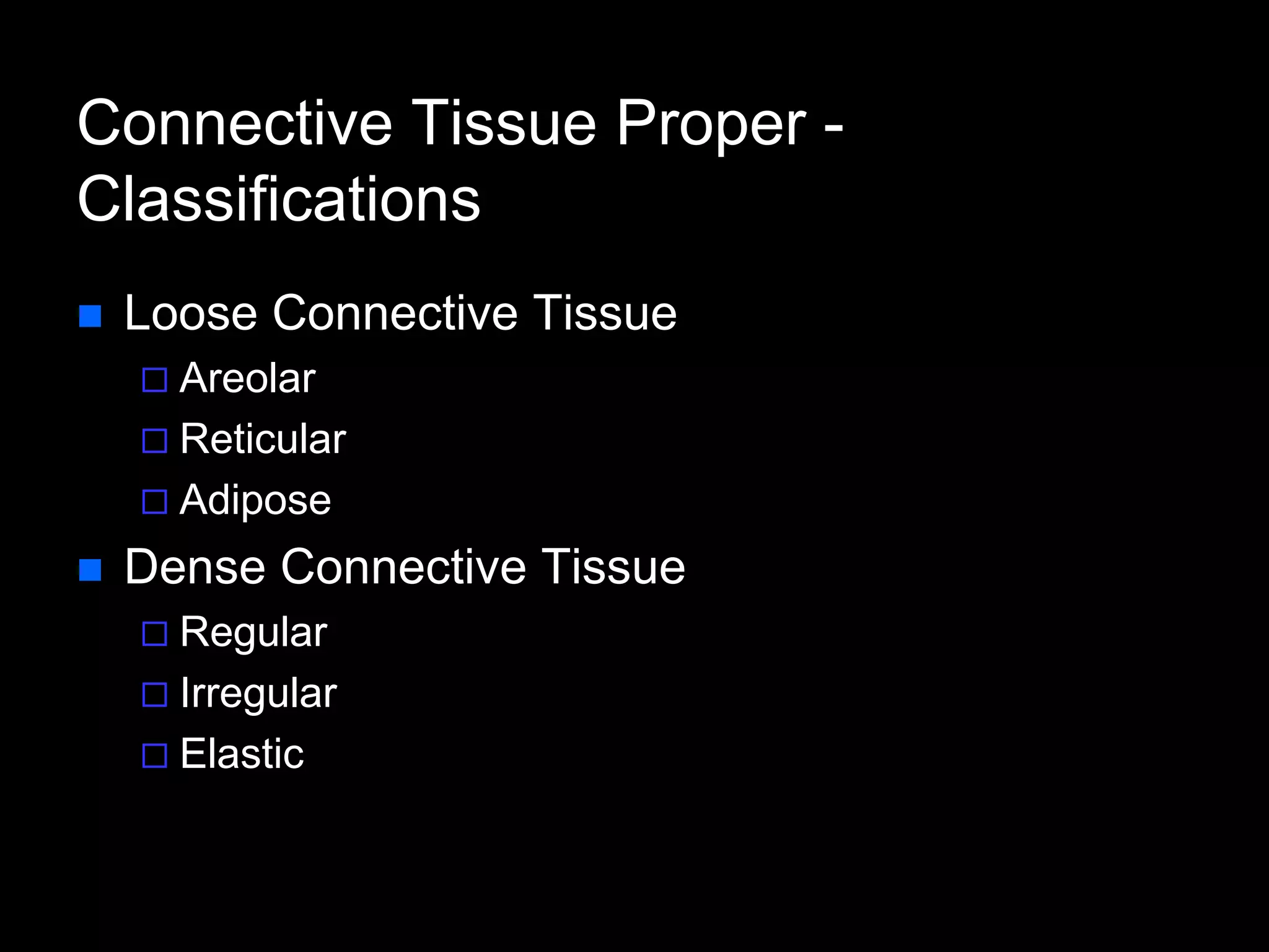 Connective Tissue Proper -
Classifications
 Loose Connective Tissue
 Areolar
 Reticular
 Adipose
 Dense Connective Tissue
 Regular
 Irregular
 Elastic
 