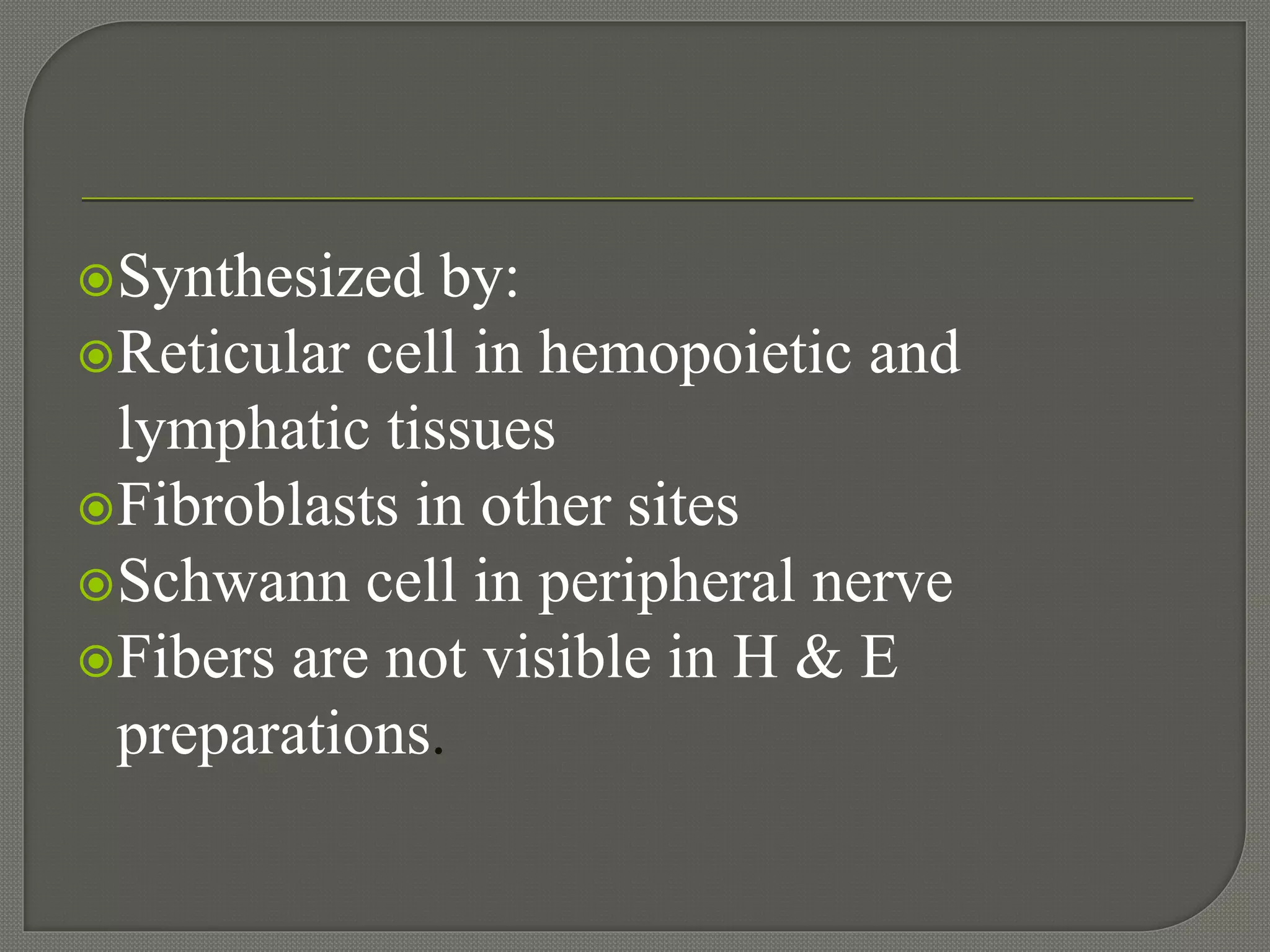 Synthesized by:
Reticular cell in hemopoietic and
lymphatic tissues
Fibroblasts in other sites
Schwann cell in peripheral nerve
Fibers are not visible in H & E
preparations.
 