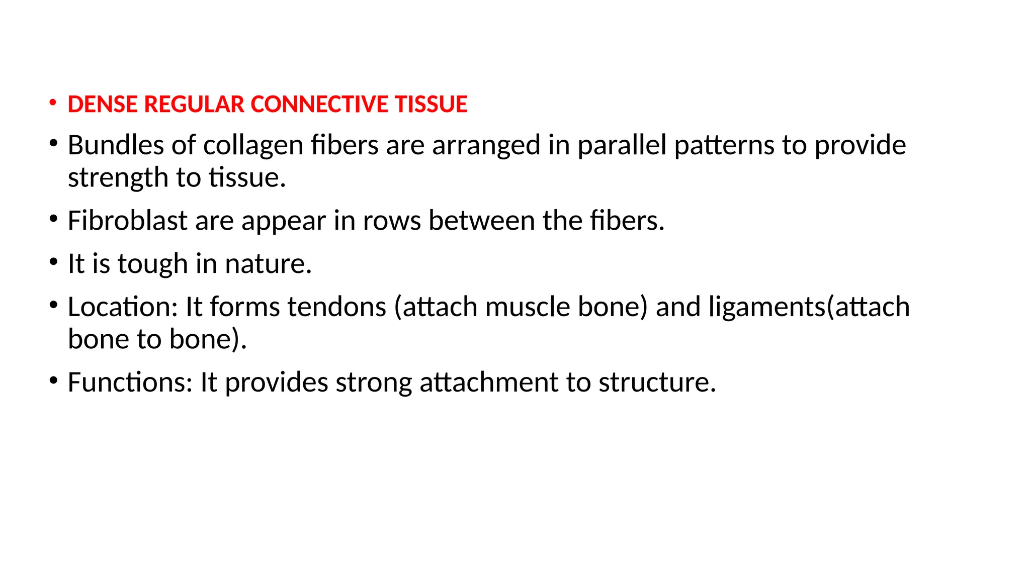• DENSE REGULAR CONNECTIVE TISSUE
• Bundles of collagen fibers are arranged in parallel patterns to provide
strength to tissue.
• Fibroblast are appear in rows between the fibers.
• It is tough in nature.
• Location: It forms tendons (attach muscle bone) and ligaments(attach
bone to bone).
• Functions: It provides strong attachment to structure.
 
