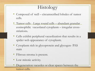 Histology
• Composed of well – circumscribed lobules of tumor
cells.
• Tumor cells - Large round cells – abundant granular
eosinophilic vacuolated cytoplasm – irregular cross-
striations.
• Cells exhibit peripheral vacuolization that results in a
spider web appearance of cytoplasm.
• Cytoplasm rich in glycoprotein and glycogen- PAS
stain
• Fibrous stroma is present.
• Low mitotic activity.
• Degeneration vacuoles or clear spaces between the
tumor cells.
 