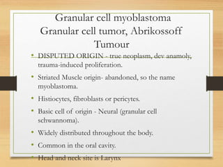 Granular cell myoblastoma
Granular cell tumor, Abrikossoff
Tumour
• DISPUTED ORIGIN - true neoplasm, dev anamoly,
trauma-induced proliferation.
• Striated Muscle origin- abandoned, so the name
myoblastoma.
• Histiocytes, fibroblasts or pericytes.
• Basic cell of origin - Neural (granular cell
schwannoma).
• Widely distributed throughout the body.
• Common in the oral cavity.
• Head and neck site is Larynx
 
