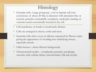 Histology
• Granular cells : Large polygonal , oval or bipolar cell (two
extensions) of about 20-40μ in diameter with abundant fine or
coarsely granular eosinophilic cytoplasm, small pale staining or
vesicular nuclei eccentrically located in the cell.
• Cell membrane or border is moderately distinct.
• Cells are arranged in sheets, cords and nests.
• Granular cells often occur in ribbons separated by fibrous septa
giving the appearance of invading into underlying tissues,
especially muscle.
• Older lesions – dense fibrotic background.
• Ultrastructural studies - cytoplasmic granules-autophagic
vacuoles with cellular debris, mitochondria, ER and myelin.
 