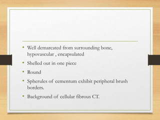 • Well demarcated from surrounding bone,
hypovascular , encapsulated
• Shelled out in one piece
• Round
• Spherules of cementum exhibit peripheral brush
borders.
• Background of cellular fibrous CT.
 
