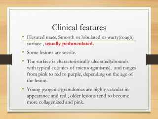 Clinical features
• Elevated mass, Smooth or lobulated or warty(rough)
surface , usually pedunculated.
• Some lesions are sessile.
• The surface is characteristically ulcerated(abounds
with typical colonies of microorganisms), and ranges
from pink to red to purple, depending on the age of
the lesion.
• Young pyogenic granulomas are highly vascular in
appearance and red , older lesions tend to become
more collagenized and pink.
 