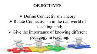 OBJECTIVES
 Define Connectivism Theory
 Relate Connectivism in the real world of
teaching, and;
 Give the importance of knowing different
pedagogy in teaching.
 