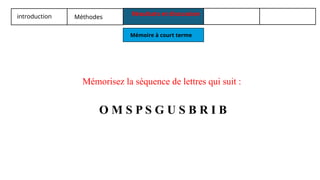 introduction Méthodes
Résultats et discussion
Mémoire à court terme
Mémorisez la séquence de lettres qui suit :
O M S P S G U S B R I B
 