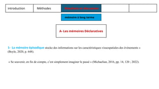 introduction Méthodes Résultats et discussion
mémoire à long terme
1- La mémoire épisodique stocke des informations sur les caractéristiques visuospatiales des événements »
(Boyle, 2020, p. 648).
« Se souvenir, en fin de compte, c’est simplement imaginer le passé » (Michaelian, 2016, pp. 14, 120 ; 2022).
A- Les mémoires Déclaratives
 