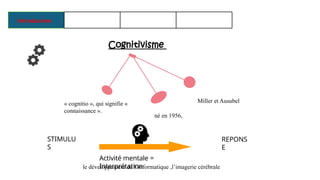 Cognitivisme
« cognitio », qui signifie «
connaissance ».
né en 1956,
Miller et Ausubel
STIMULU
S
REPONS
E
Activité mentale =
Interprétation
le développement de l’informatique ,l’imagerie cérébrale
 