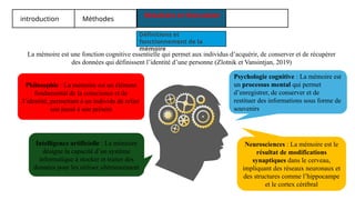 introduction Méthodes
Résultats et discussion
Définitions et
fonctionnement de la
mémoire
La mémoire est une fonction cognitive essentielle qui permet aux individus d’acquérir, de conserver et de récupérer
des données qui définissent l’identité d’une personne (Zlotnik et Vansintjan, 2019)
Psychologie cognitive : La mémoire est
un processus mental qui permet
d’enregistrer, de conserver et de
restituer des informations sous forme de
souvenirs
Neurosciences : La mémoire est le
résultat de modifications
synaptiques dans le cerveau,
impliquant des réseaux neuronaux et
des structures comme l’hippocampe
et le cortex cérébral
Philosophie : La mémoire est un élément
fondamental de la conscience et de
l’identité, permettant à un individu de relier
son passé à son présent
Intelligence artificielle : La mémoire
désigne la capacité d’un système
informatique à stocker et traiter des
données pour les utiliser ultérieurement
 