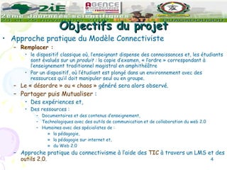 Objectifs du projet Approche pratique du Modèle Connectiviste Remplacer : le dispositif classique où, l’enseignant dispense des connaissances et, les étudiants sont évalués sur un  produit :  la copie d’examen, « l’ordre » correspondant à l’enseignement traditionnel magistral en amphithéâtre  Par un dispositif, où l’étudiant est plongé dans un environnement avec des ressources qu’il doit manipuler seul ou en groupe.  Le « désordre » ou « chaos »  généré sera alors observé.  Partager puis Mutualiser  : Des expériences et, Des ressources : Documentaires et des contenus d’enseignement, Technologiques avec des outils de communication et de collaboration du web 2.0 Humaines avec des spécialistes de : la pédagogie, la pédagogie sur internet et, du Web 2.0  Approche pratique du connectivisme à l’aide des  TIC  à travers un LMS et des  outils 2.0 . 