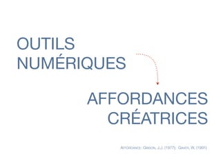 OUTILS
NUMÉRIQUES
AFFORDANCES
AFFORDANCE: GIBSON, J.J. (1977); GAVER, W. (1991)
CRÉATRICES
 