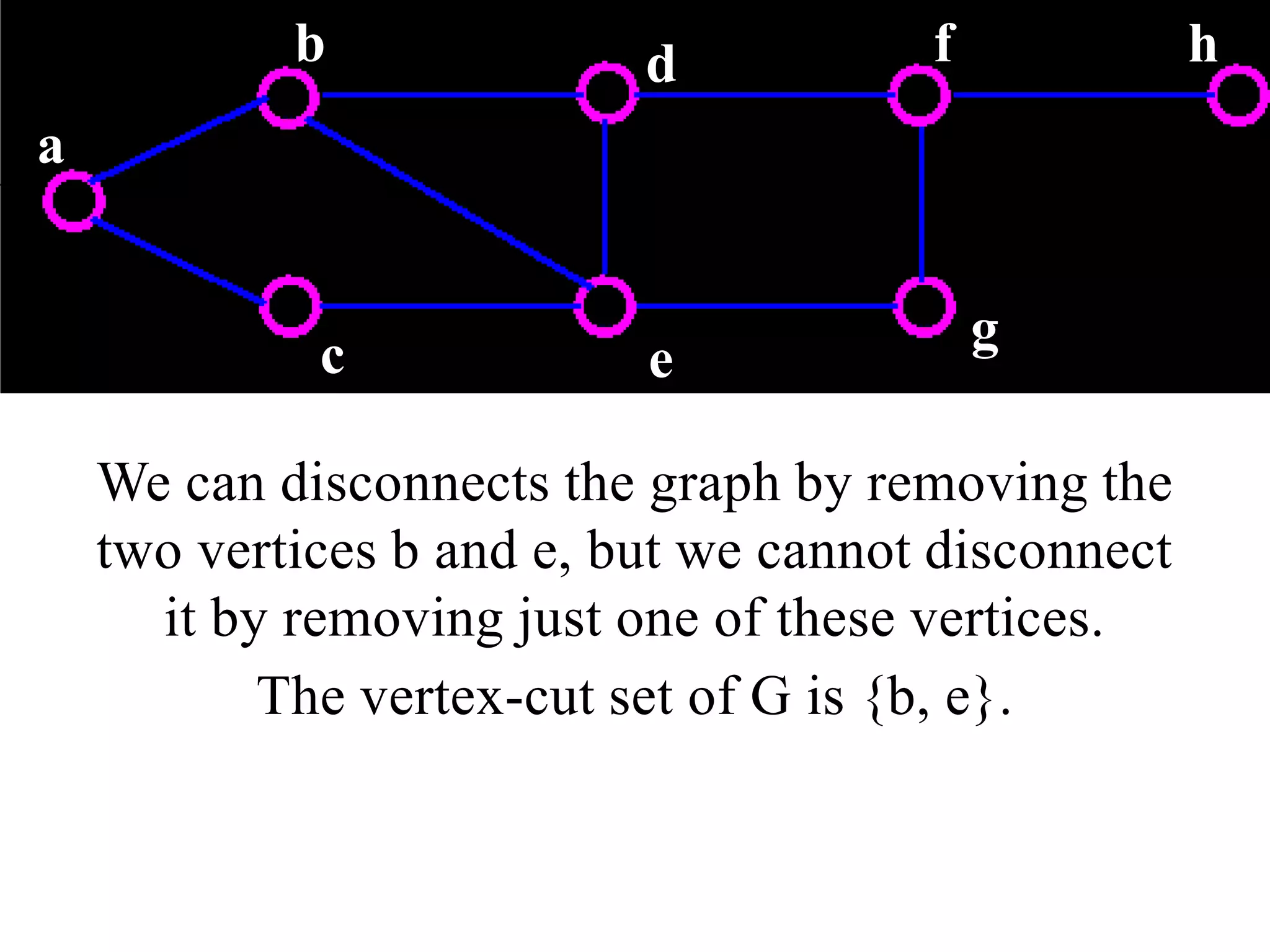 We can disconnects the graph by removing the two vertices b and e, but we cannot disconnect it by removing just one of these vertices. The vertex-cut set of G is {b, e}.bfhdagce