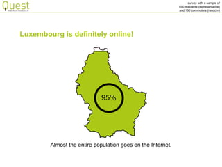 survey with a sample of 
850 residents (representative) 
and 150 commuters (random) 
Almost the entire population goes on the Internet. 
Luxembourg is definitely online! 
95%  